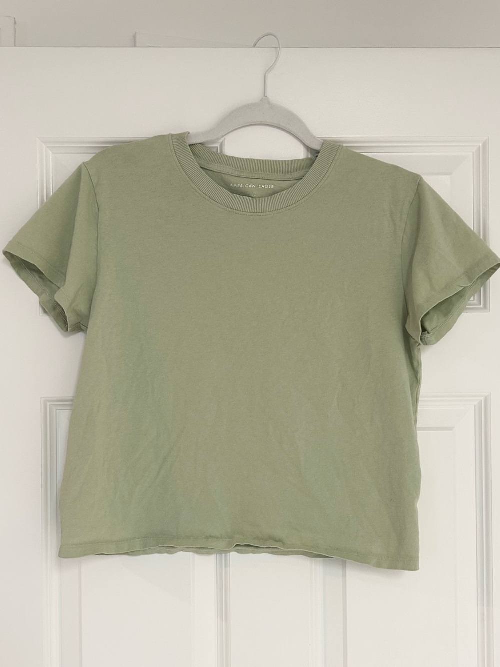 American Eagle Sage Green Cropped Crewneck Tee